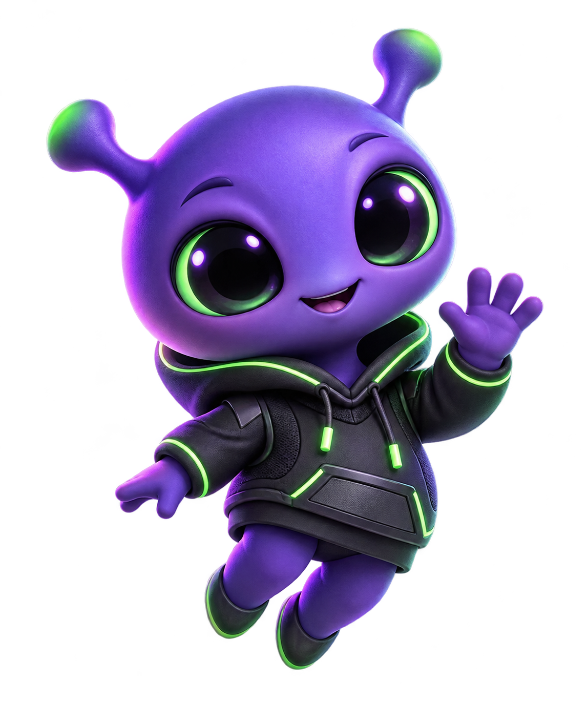 Mogu, the curious purple alien mascot, waving from space