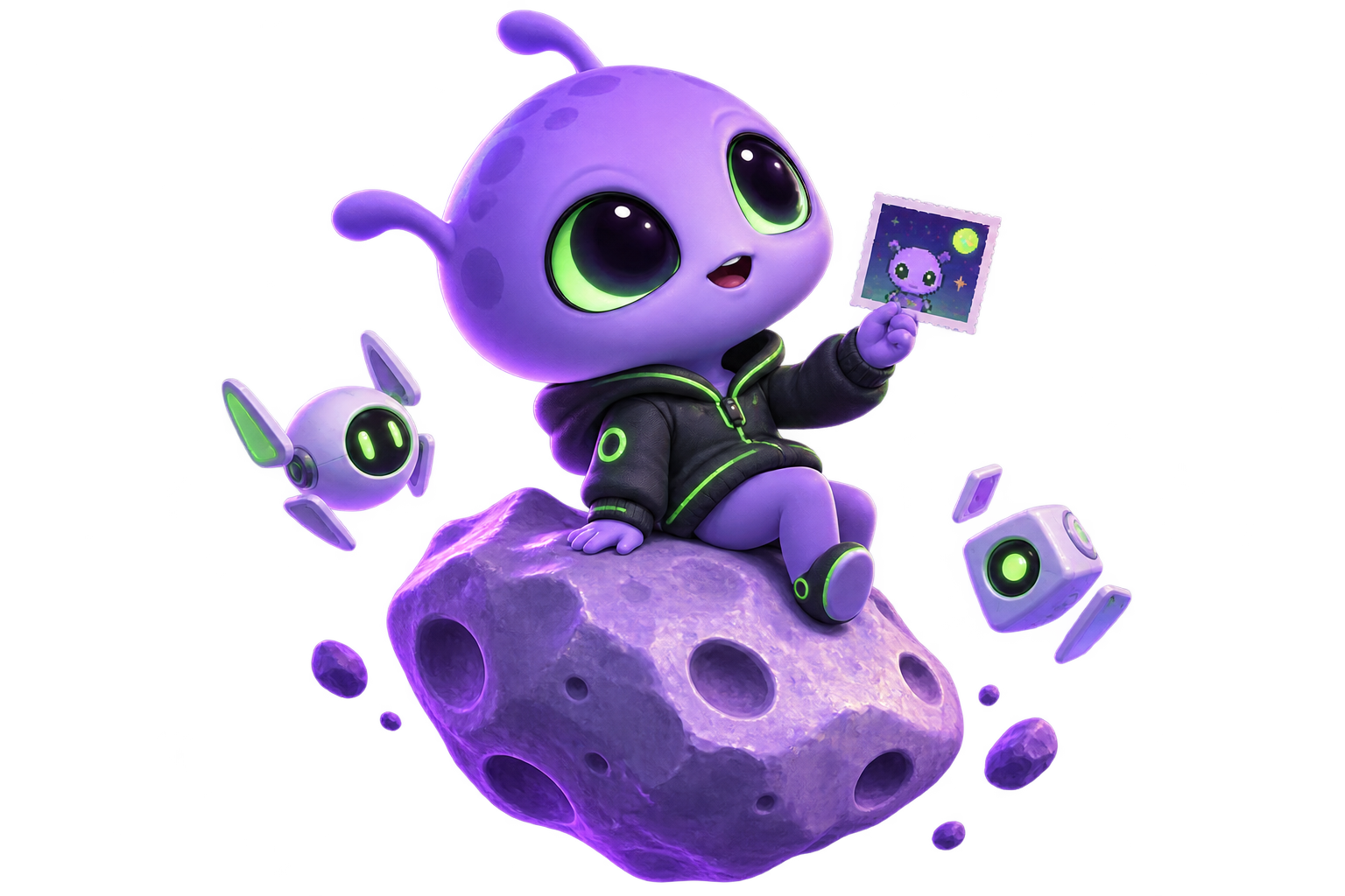 Mogu discovering a strange postcard while floating through space